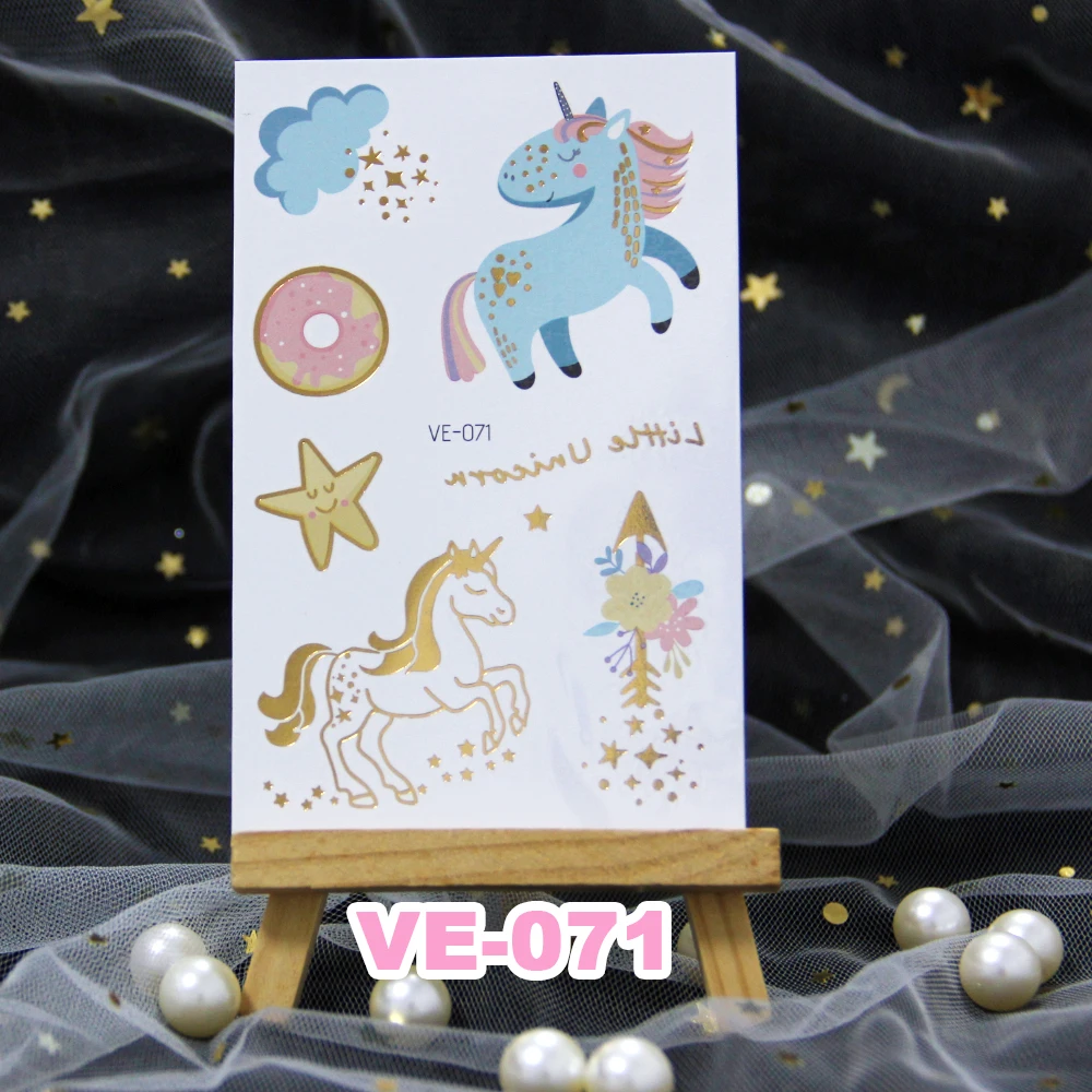 Мультяшный Радужный Единорог детская Татуировка Pegasus милые золотистые блестящие