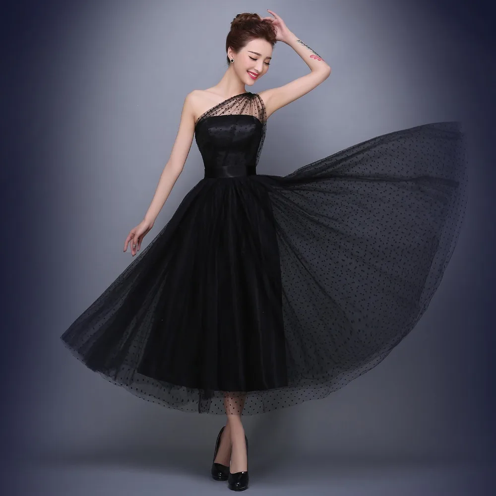 New Black Prom Dresses 2020 One Shoulder Pleats Polka Dot Tulle Tea Length Party Evening Gowns Vestido De Festa | Свадьбы и