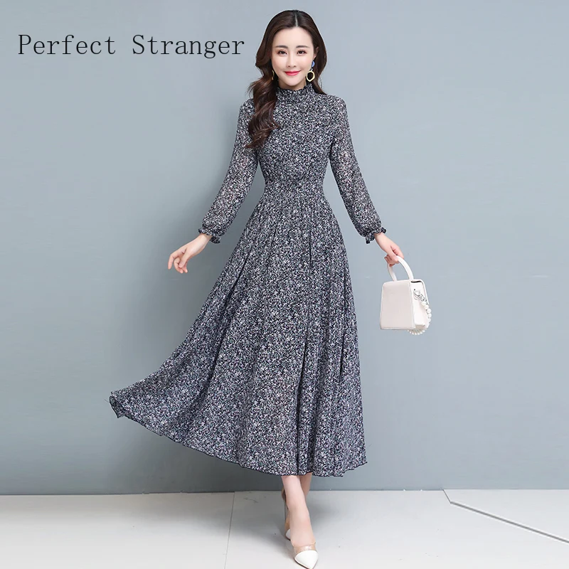

2021 Spring Summer New Arrival Hot Sale Elegant Stand Collar Flower Printed Women Chiffon Long Dress M-3XL