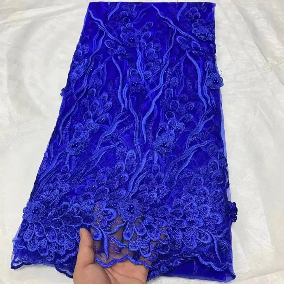 

5Yards/Lot Beautiful Royal Blue French Net Lace Fabric Flower Embroidery Match Beads And Crystal African Mesh For Dressing OL3