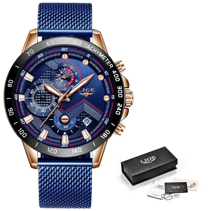 Rose gold blue LIGE новые мужские s часы лучший бренд Роскошные наручные часы кварцевые часы синие мужские водонепроницаемые Спортивный Хронограф Reloj Hombre - Цвет: Rose gold blue