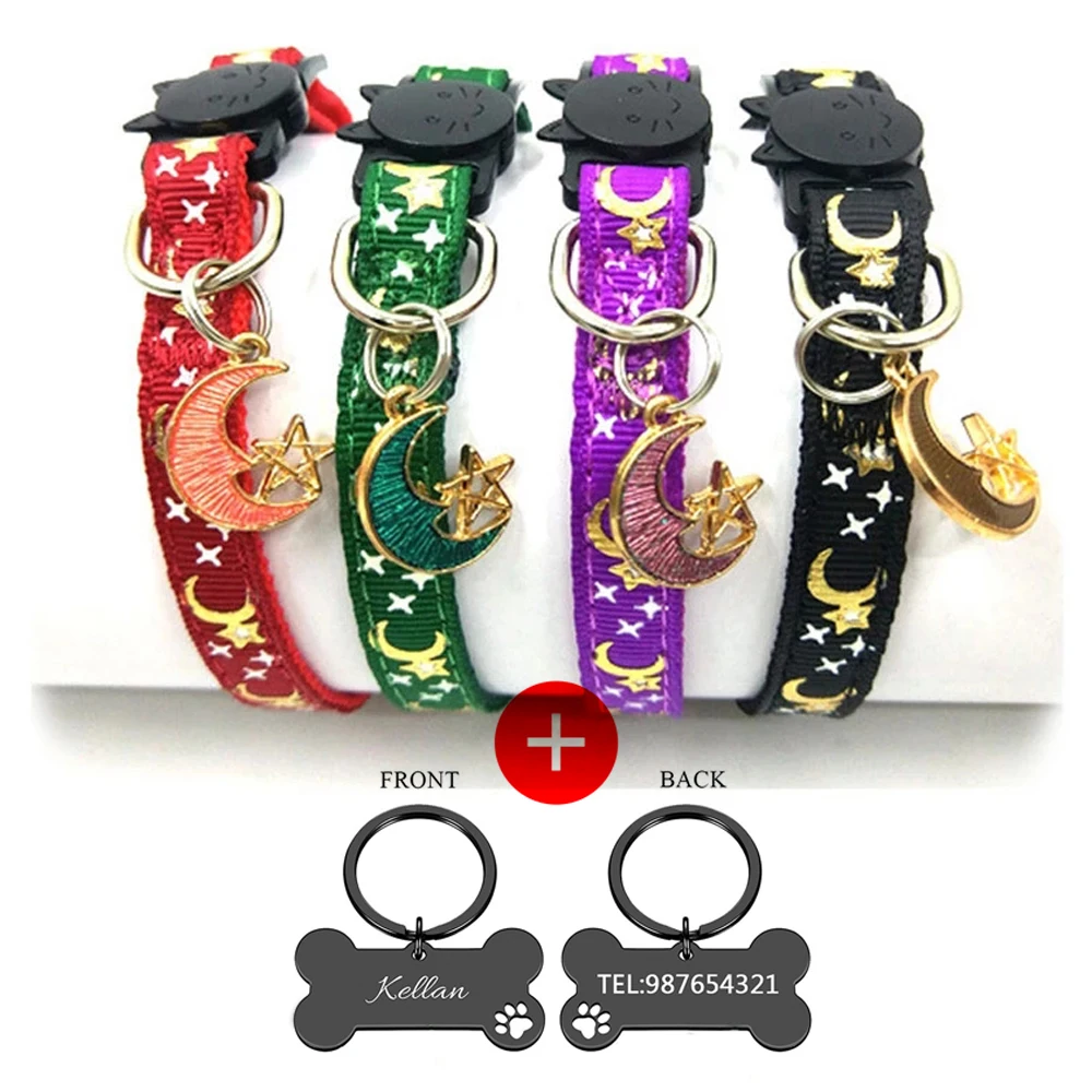 

Cute Moon Star Print Cat Collar with Bells Safety Breakaway Adjustable Cat Necklace Collars Free Custom Engraving Dog Tag Chiens