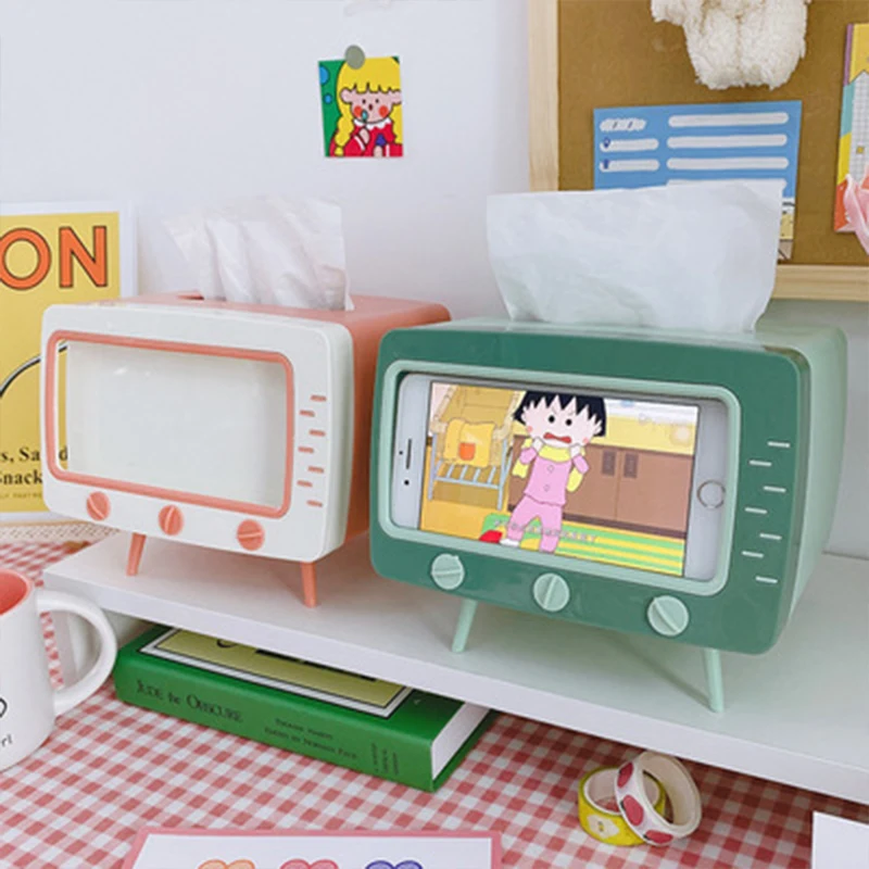 

Creative 2 In 1 TV Tissue Box Desktop Paper Holder Dispenser Storage Napkin Case Organizer With Mobile Phone Holder