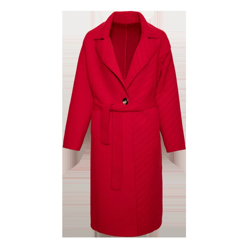 

Elegant Long Coat Women Pinstripe Woolen Coat Autumn Fashion Style Warm Long-sleeved Ladies Coat Plus Size Feminine Clothing