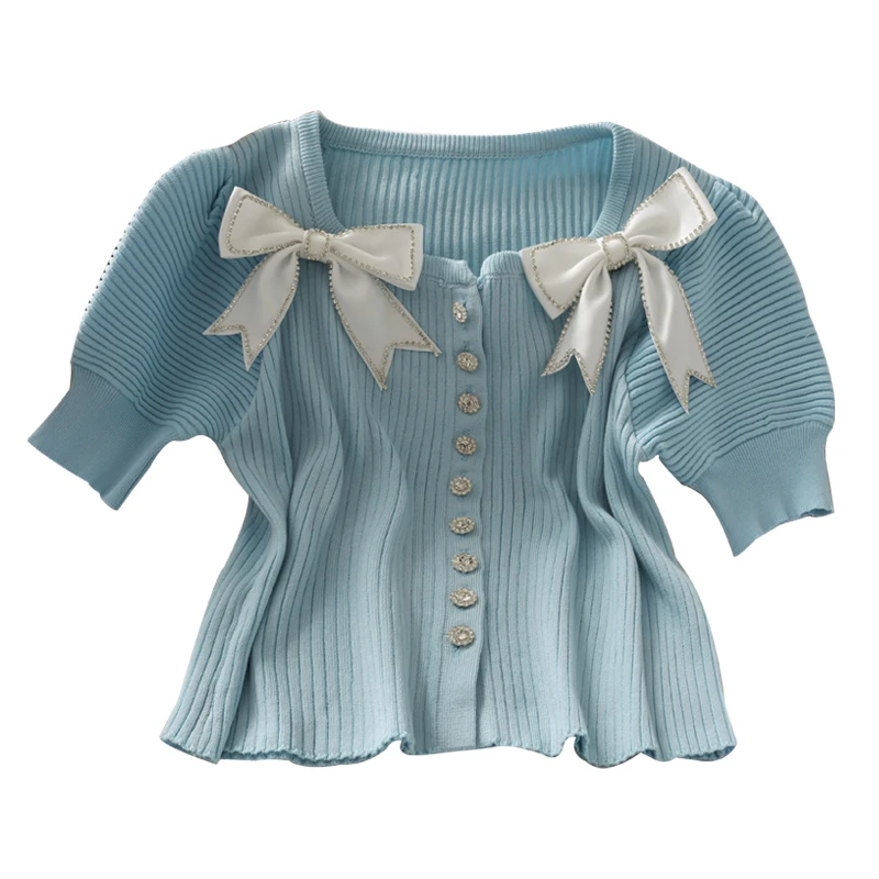 

Women Fashion Bodycon Bows Buttons Short Sleeves Knitted Blouse Lady Sweet Casual Outdoor Top Girls Elegant Daily Basic Shirt