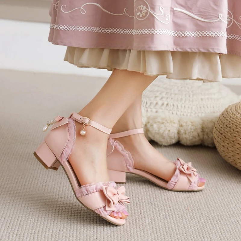 

QPLYXCO Women Mary Jane Sandals Sweet Bow Peep Toe Buckle Strap Cover Heel Sweet Lolita Dress Girls Shoes Size 30-43 1772