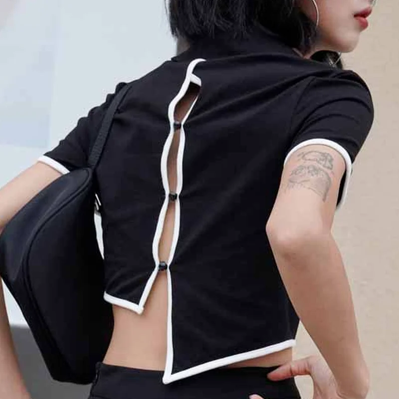 

2021 Sexy Slim Gothic Backless Button Short Hot Girl Top Clothing Women Fashion Y2k Lapel Short-sleeved T-shirt Female Spring