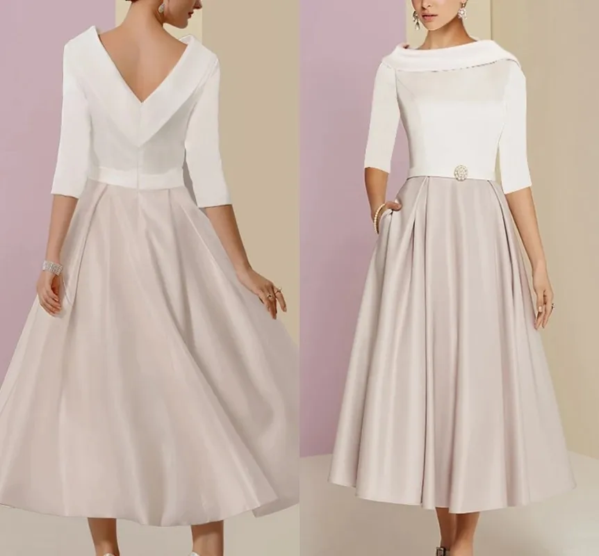 

White And Champagne A-Line Mother of the Bride Dress Plus Size Elegant Vintage V Neck Tea Length Satin 2021 Wedding Party Gown