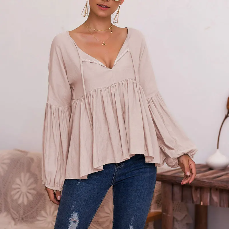 Дропшиппинг женские топы с пышными рукавами и V образным вырезом однотонная