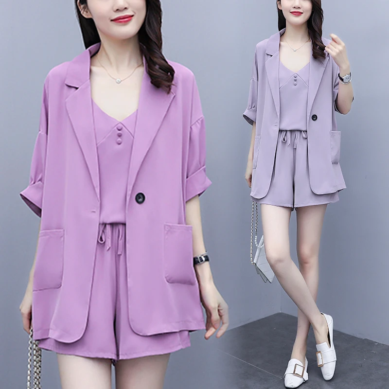 

Женский костюм-тройка, пиджак с коротким рукавом и шорты, лето 2021