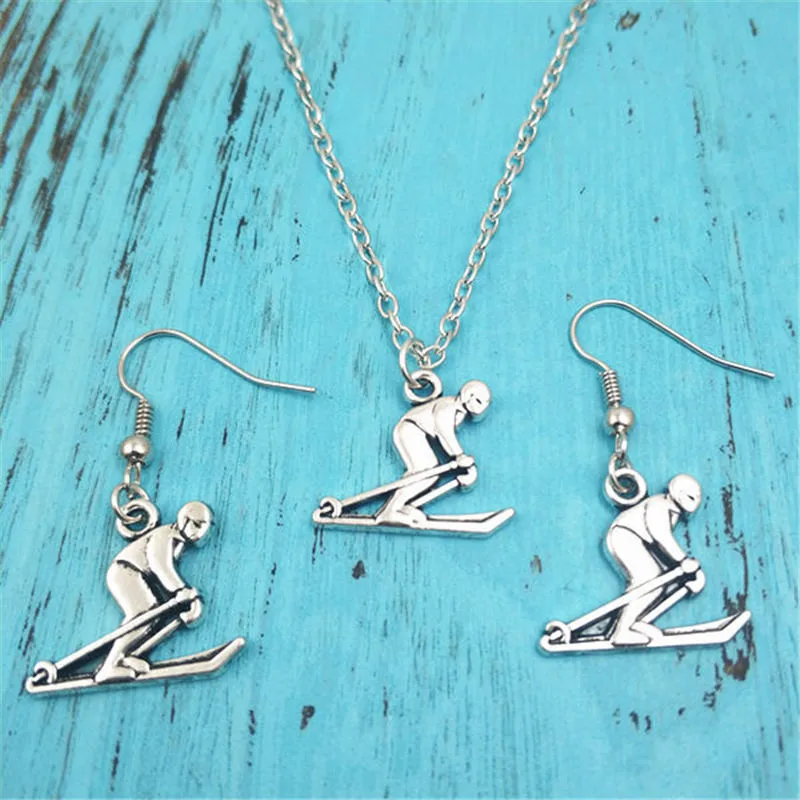 

Skiing Sport Vintage Earring Necklace Sets Jewelry Set Antique,Fashion Women Christmas Birthday Girl Gifts