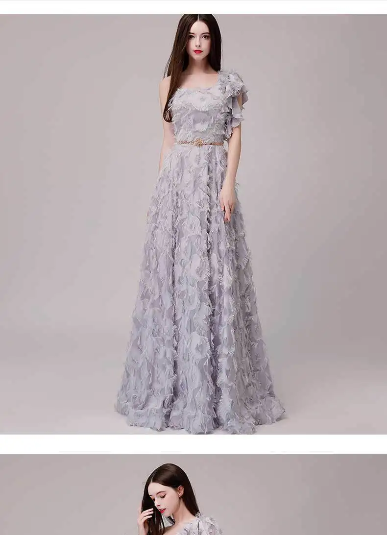 Vivian's Bridal Модное 3d кружевное аппликация вечернее платье сексуальное платье на одно плечо с цветами и перьями с оборками на рукавах женское вечернее платье