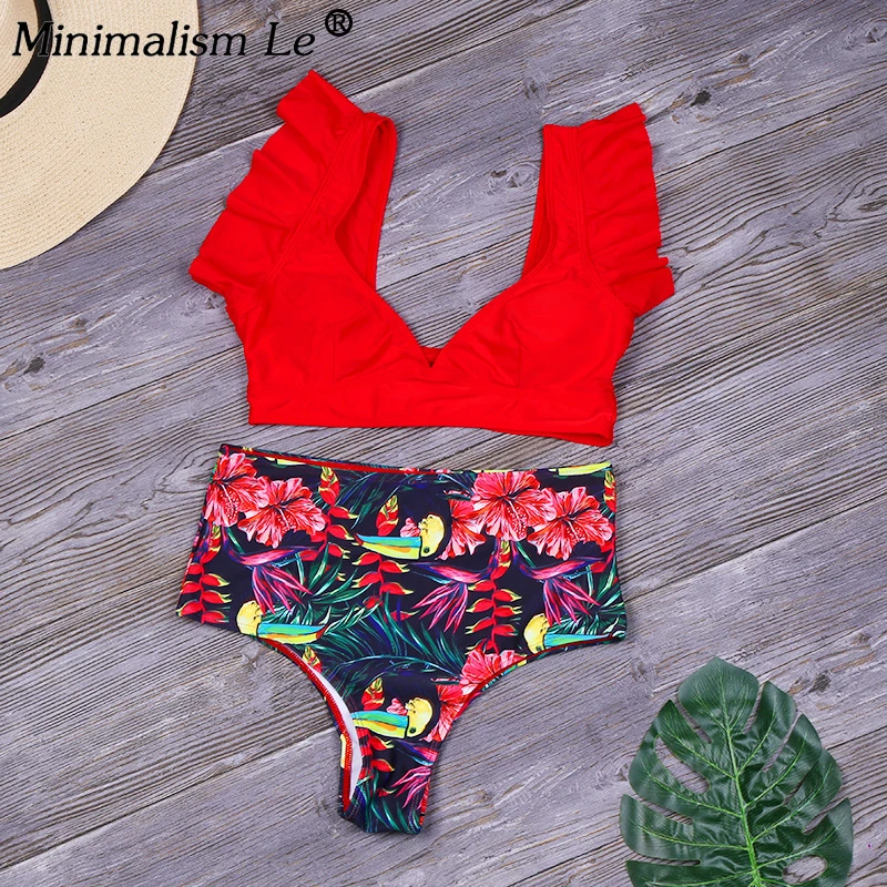 Женский комплект бикини с оборками сексуальный купальник растительным принтом