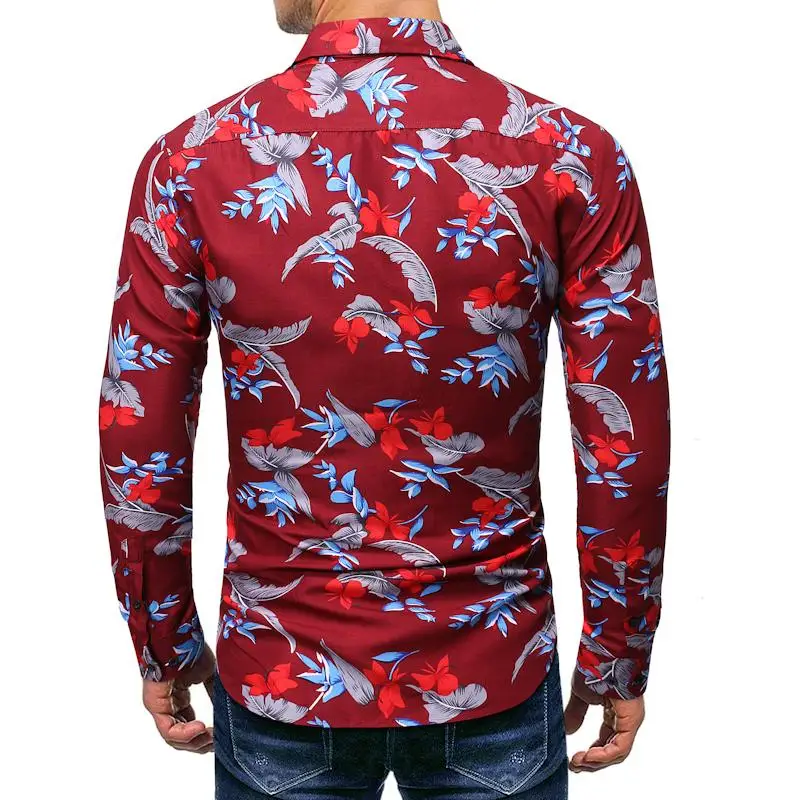 Casual Shirt For Men Fashion Hawaiian Blouse Male Long sleeve Flower printed Men's Dress Black Red New | Мужская одежда