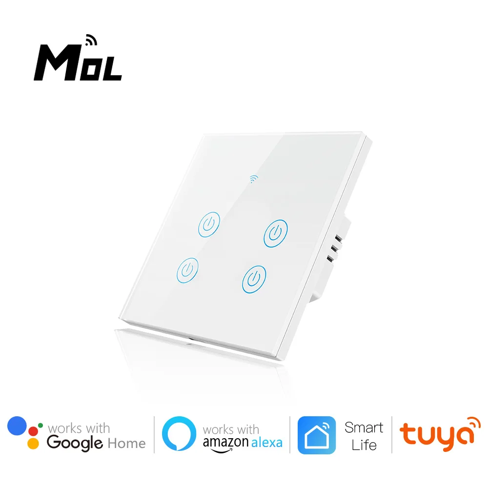 

Tuya Smart Wifi Touch Light No Neutral Wire Required Wall Switch EU 220V No Neutral Wire Required Wall Switch 4 Gang White