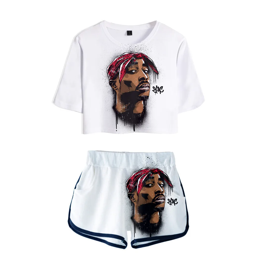 Rapper Tupac Amaru Shakur Two Piece Set Cotton T shirt Gangsta Tupac Suit Shorts Crop Top Fashion Tops and Shorts Pants