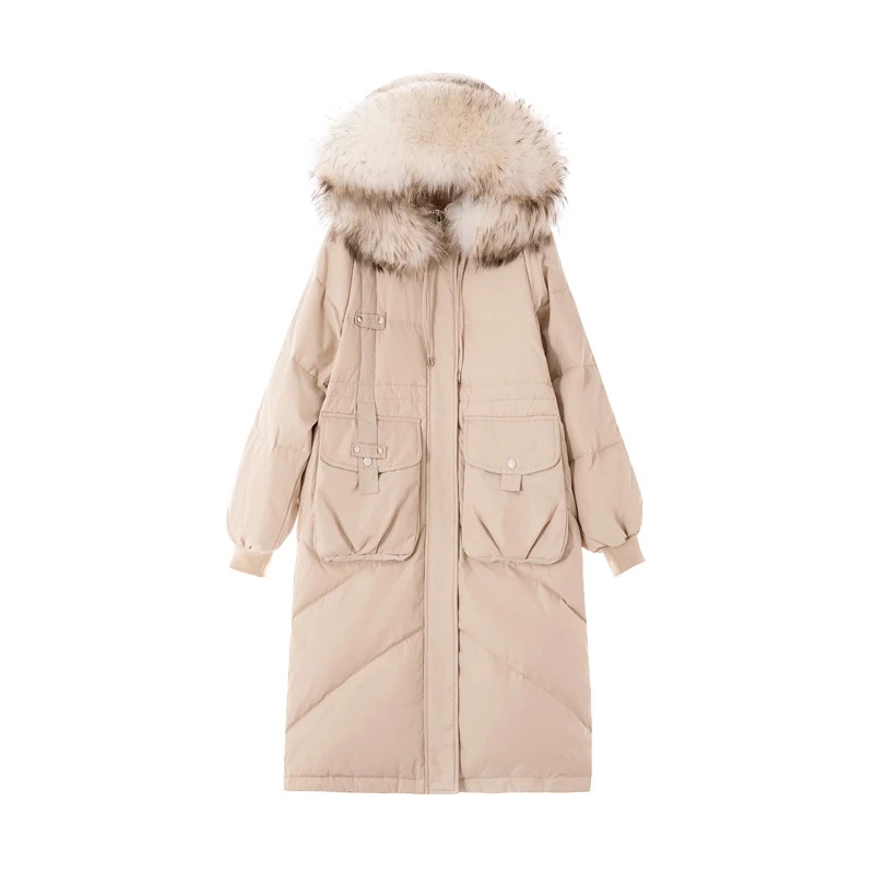 Janveny Winter Down Jacket Women Large Natural Raccoon Fur Collar Hooded Thick White Duck Coat Long Female Feather Parkas | Женская