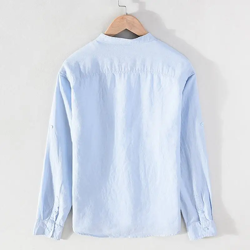 High Quality Embroidery-Logo Mens Shirts Solid Color Slim Fit Casual Long Sleeve Linen Cotton Shirts Hommes Blouse Male Tops
