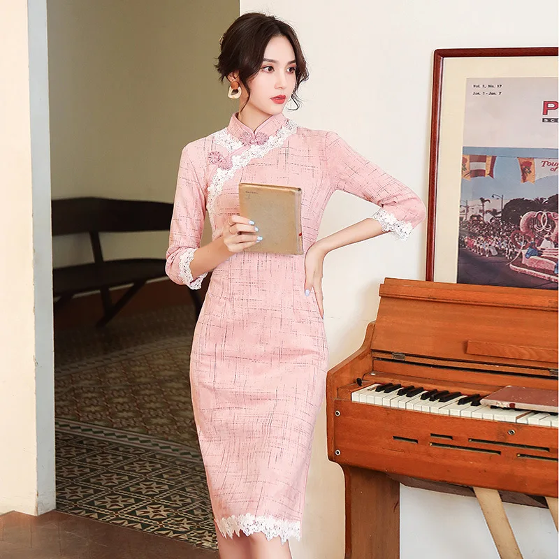 

Women Suede Sexy Qipao Vintage Button Mandarin Collar Sheath Cheongsam Plus Size 3XL Party Prom Dress Gown Elegant Vestidos