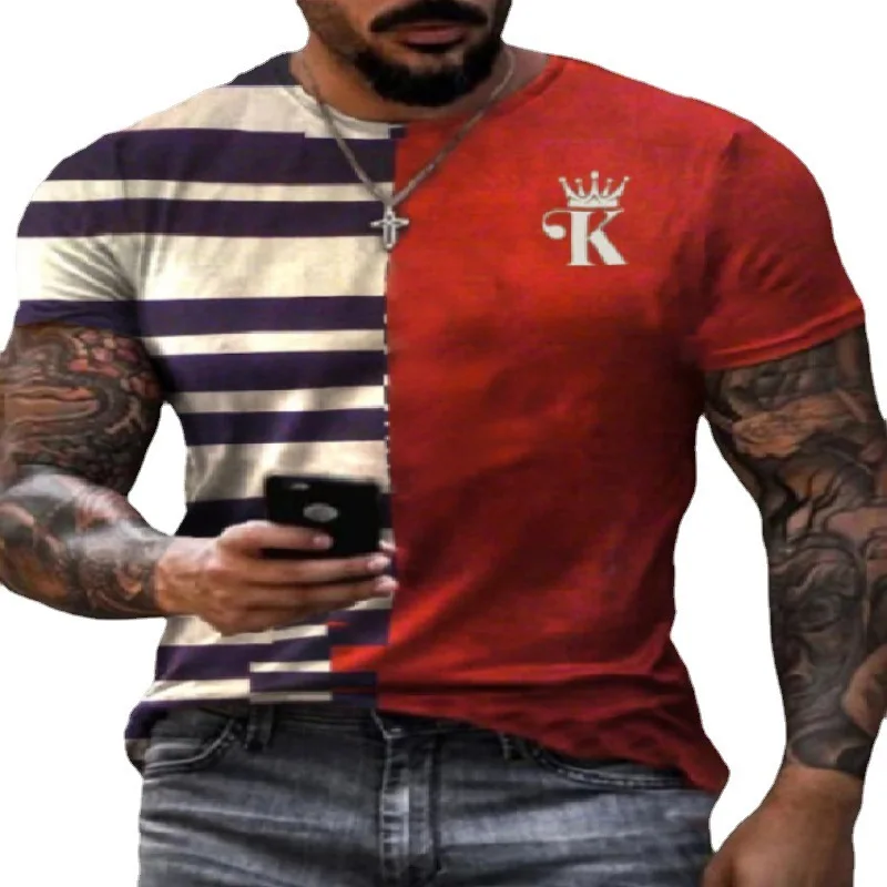 

Мужская свободная футболка с коротким рукавом, футболка в контрастную полоску с круглым вырезом и принтом, лето 2021
