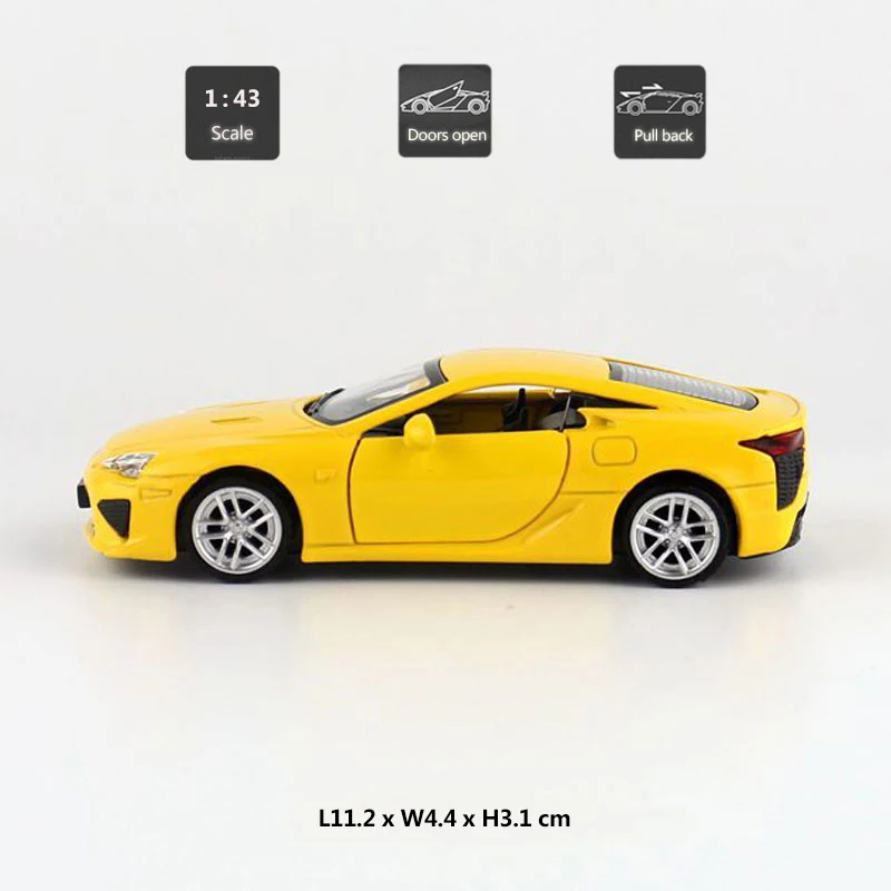 Желтая модель автомобиля игрушки HOMMAT 1:43 Lexus LFA спортивная машина из сплавного металла с открывающимися дверцами, подарок для детей.