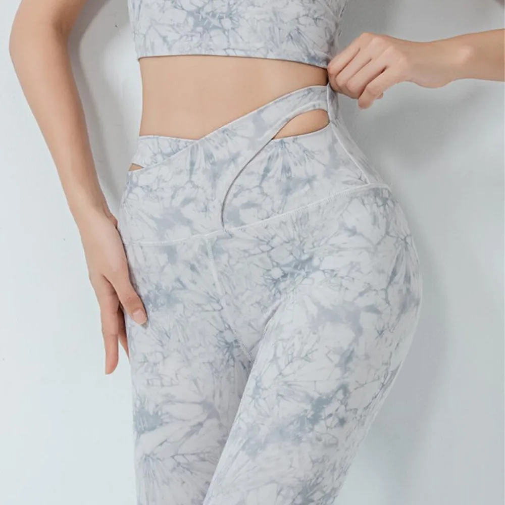 Лосины для фитнеса с принтом эластичные Леггинсы йоги со стильным поперечным