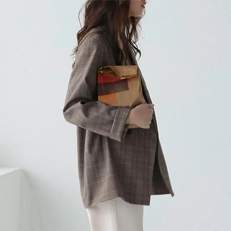

2021 Spring Korean Long Sleeve Blazer Women Loose Plaid Notched Collar Suit Women Female Casual Single Button Jacket Elegant
