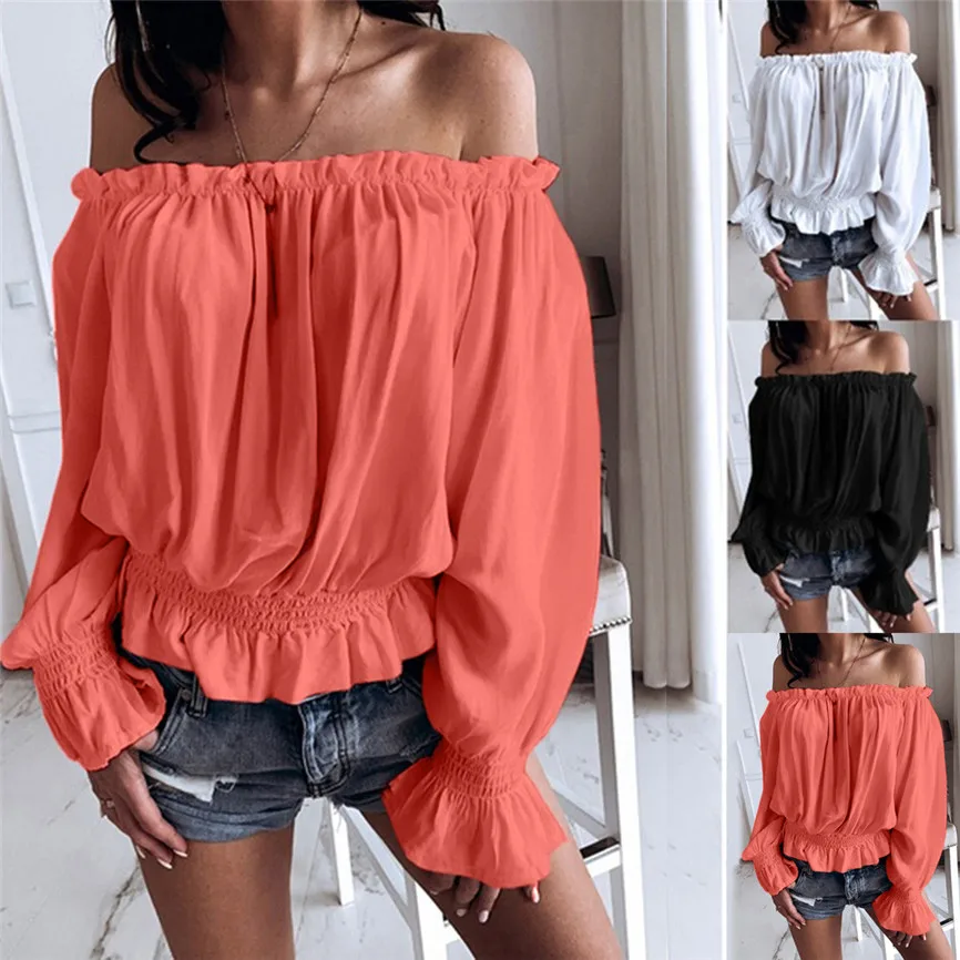 Женские рубашки с открытыми плечами однотонные повседневные шифоновые длинным