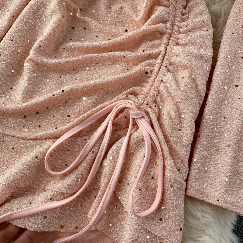 

Foamlina Chic Glittering Sequin Dress Drawstring Ruched Women Dress V-neck Long Sleeve A-line Autumn Winter Ruffles Mini Dress