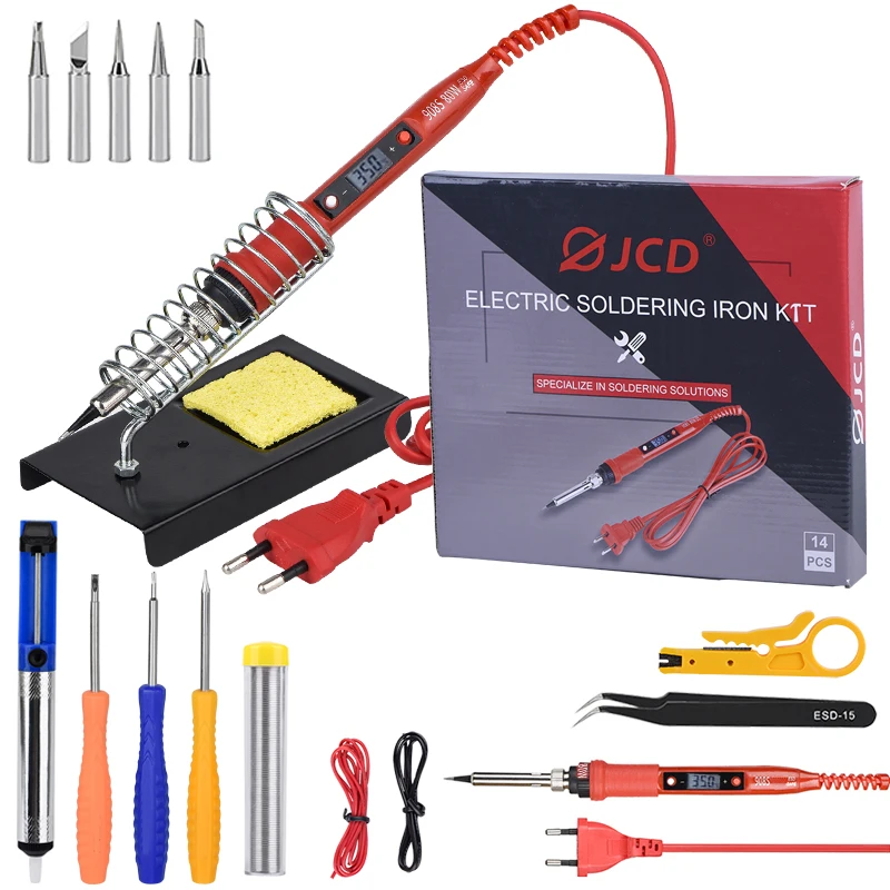 

JCD Soldering iron kit adjustable temperature 220V 80W LCD solder welding tools Ceramic heater soldering tips Desoldering Pump