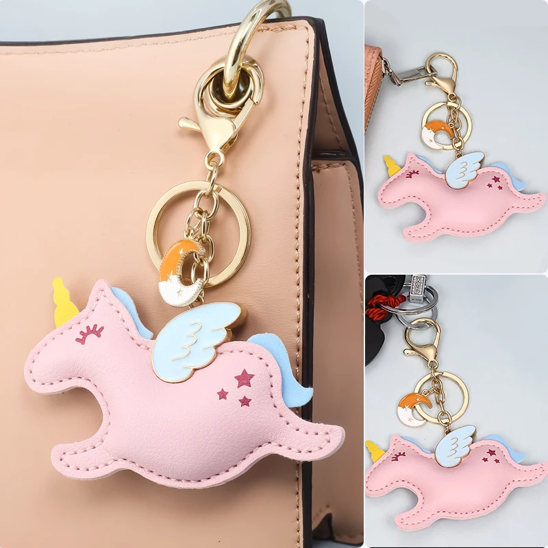 

1Piece cartoon pink unicorn children gift keychain pendant creative alloy wings moon cute animal key chain lady bag accessories