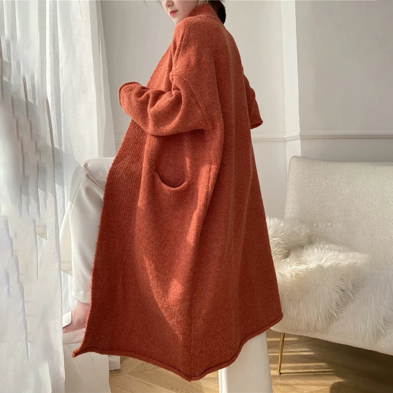 

[EAM] Big Size Long Knitting Cardigan Sweater Loose Fit V-Neck Long Sleeve Women New Fashion Tide Autumn Winter 2021 1DD1860
