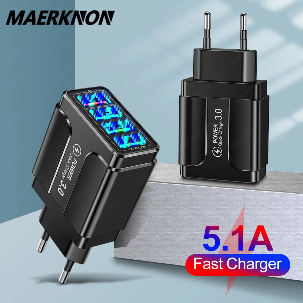 

4 Ports USB Charger Quick Charge 3.0 4.0 For iPhone 12 11 Huawei Samsung S9 Xiaomi Mobile Phone 5.1A 4 Ports Fast Wall Charger