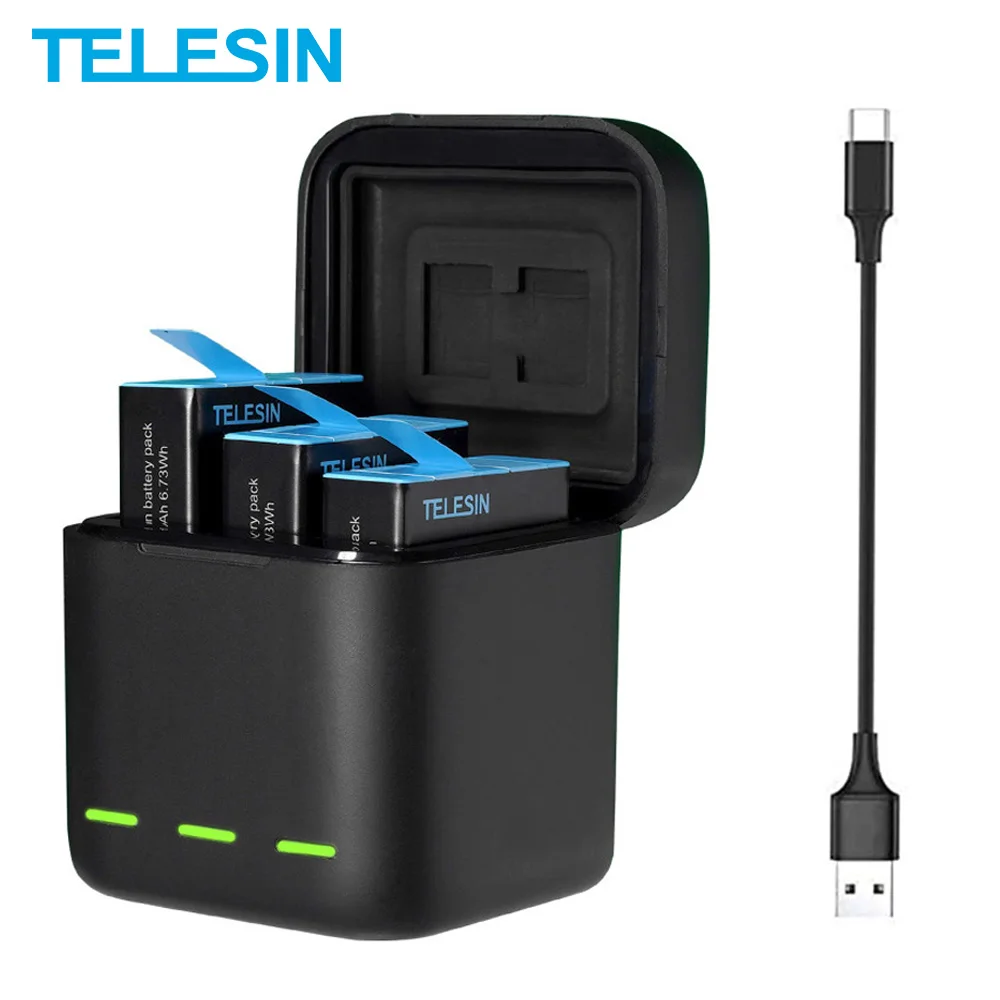 

TELESIN-Batera de 1750 mAh para GoPro Hero 9, cargador de batera con luz LED de 3 vas, tarjeta TF, almacenamiento de batera para