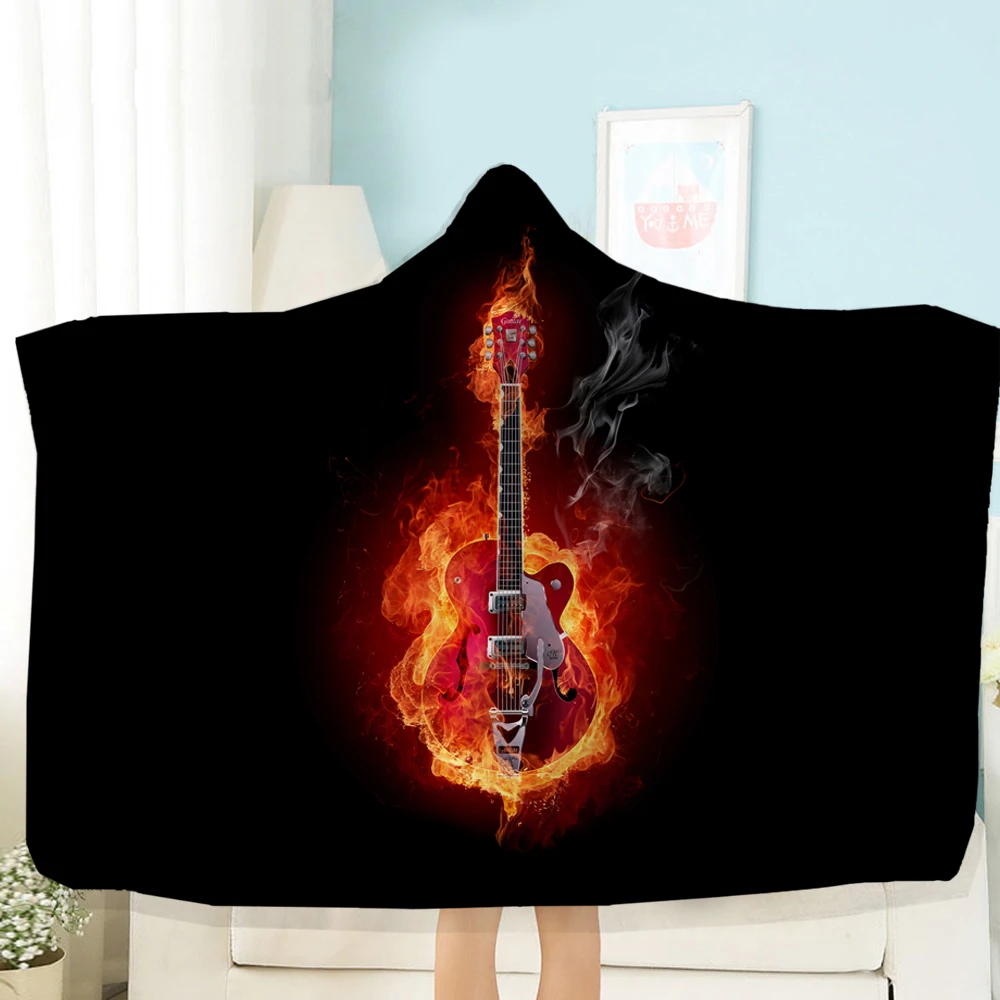 Burning Guitar Blanket 3D Printing Hooded Fleece Double Throw Travel Picnic Wearable | Дом и сад