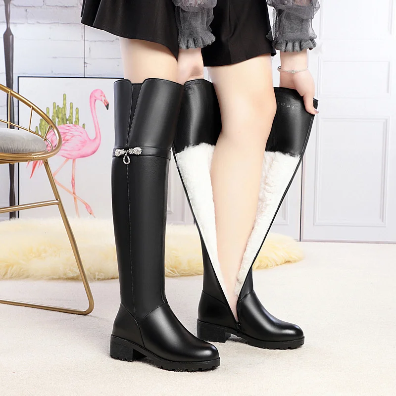 

2021 winter new over knee boots women's high-heeled boots thick heeled leather high boots Large Plush women's leather boots