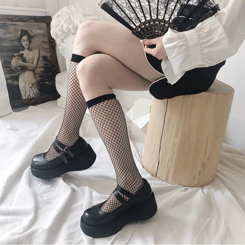 Black Fishnet Long Stockings Women JK High Knee Socks Female Sexy Mesh Stocking Leg School Girls Dress Calcetine Medias Elastic