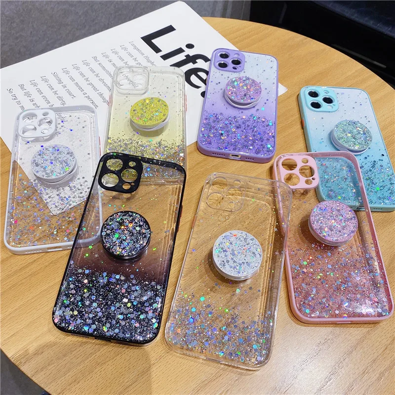 

Folding Bracket Transparent Glitter Hard Shell Protective Cover Phone Case For iPhone 12 MiNi 11 Pro XS Max XR X SE 2 8 7 6 Plus
