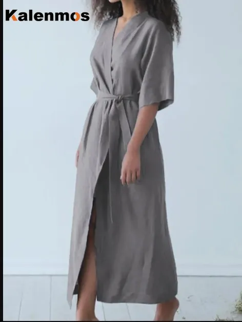 

Длинное платье для женщин с круглым вырезом и длинным рукавом из хлопка и льна размера плюс, однотонное платье с разрезом, Брендовое дизайне...