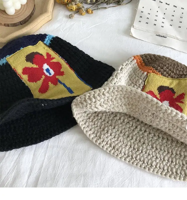 2021 New Knitted Fisherman Hat Women Sweet Style Bucket Hat Flower Patch Pot Cap Vintage Bucket Hats For Women Ladies Gifts