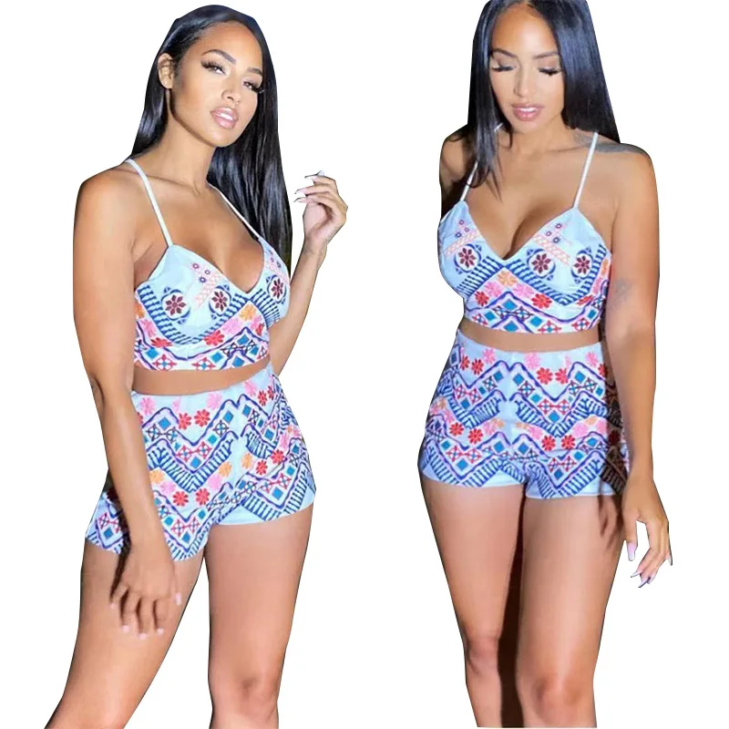 

RStylish 2021 Women Clothing Print Spaghetti Strap V Neck Crop Top Skinny Shorts Summer Vacation 2 Piece Set