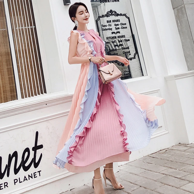 Runway Women Long Ruffles Party Dresses Elegant Hit Color Patchwork Pleated Summer Dress Sleeveless Maxi Vestidos | Женская одежда