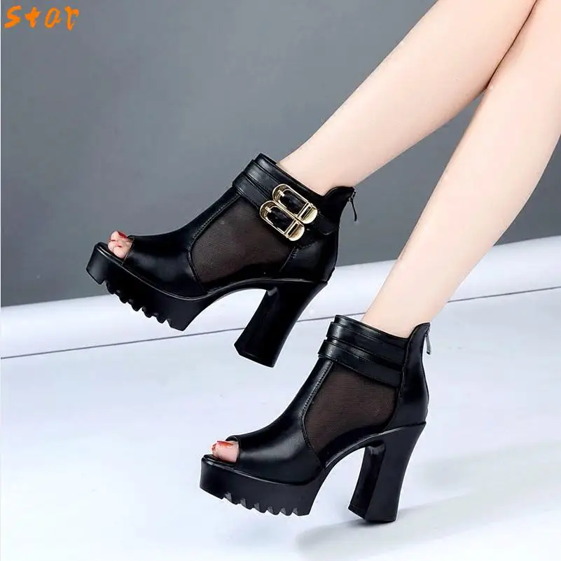 

2021women Sandals Fashion Thick Heel Peep Toe Women's Shoes Mesh Breathable Sandals Ladies Summer Fish Mouth Women's High Heels