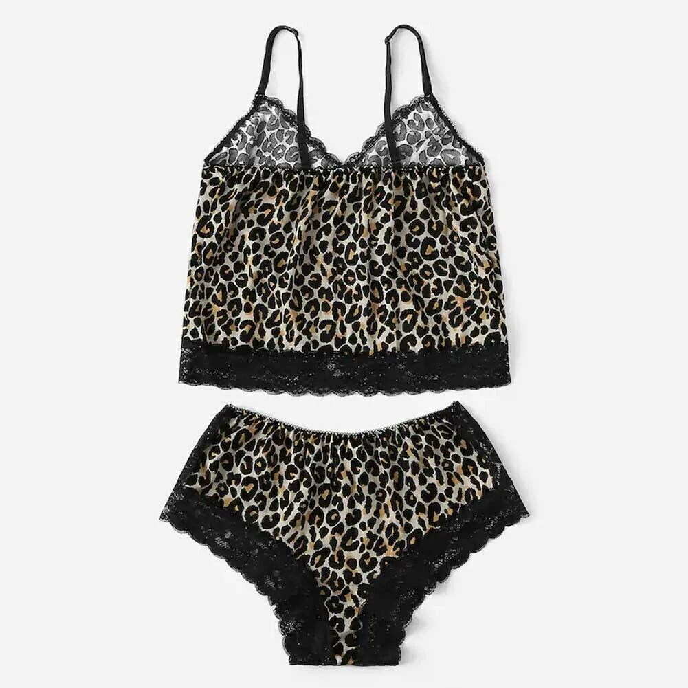 Летние женские сексуальные пижамы наборы Шелковые Леопардовый принт Глубокий V