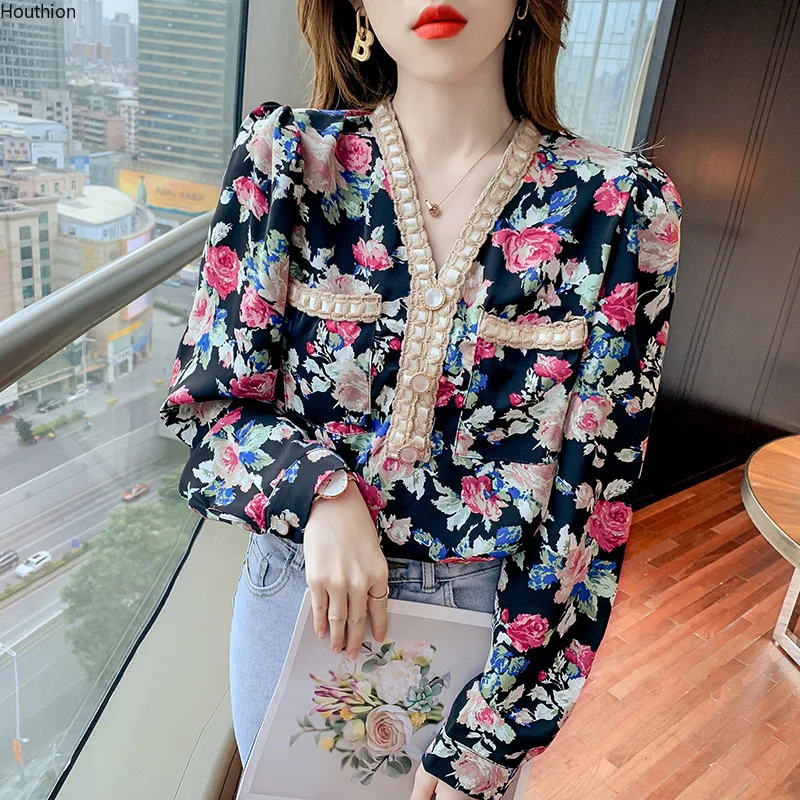 

Women's Blouses Chiffon V-neck Shirt Slim Shirts Print Fashion Top Lady Floral Casual Blouse Buttons Long Sleeve Tops Houthion