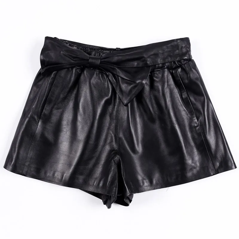 

Real Shepskin Elastic Women Waist Wide Leg Shorts Bowknot Design Casual Streetwear Trousers Ladies Soft Genuine Leather Shorts