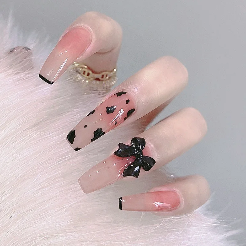 

24PCS Black Bow Nail Patch Sweet Style Glue Type Removable Long Paragraph Manicure Save Time False Nail Patch TO