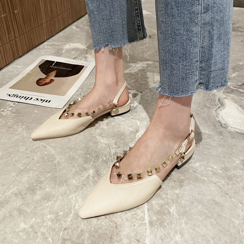 

Buckle Strap Fashion Womens Shoes 2021 Med Block Heels All-Match Studded Sandals Suit Female Beige Luxury Medium Chunky Pointed