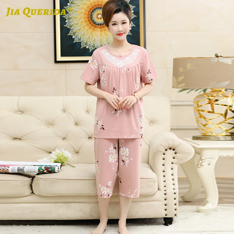 Розовый Пижамный комплект для женщин короткий рукав укороченные брюки круглый