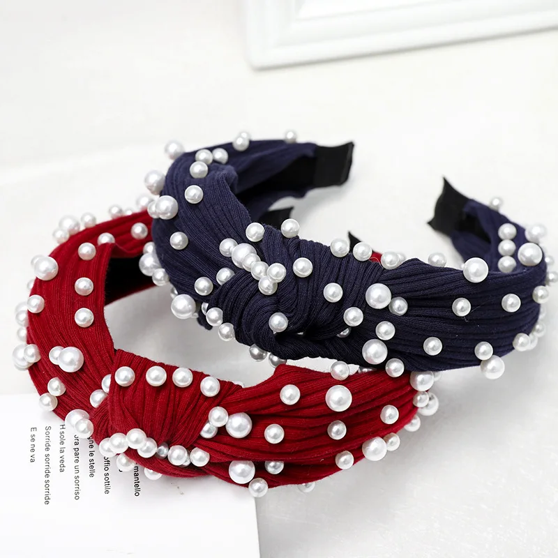 2019 винтажная Жемчужная Повязка для волос женщин вязаная повязка на голову с